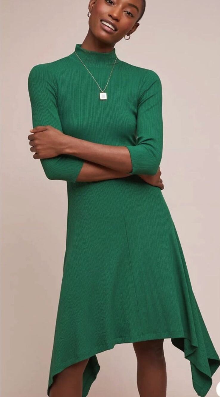 Anthropologie Green Asymmetrical Hem Midi Dress Size S Ribbed Mock Neck